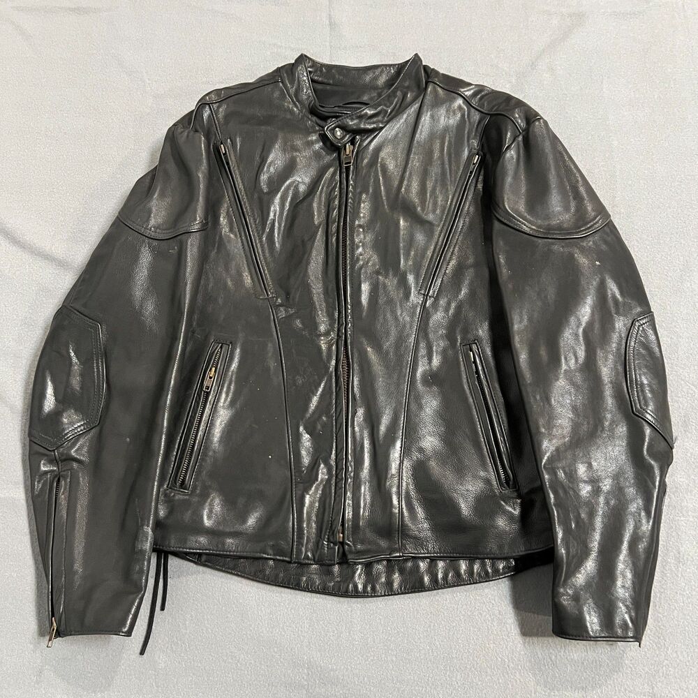 Vintage Kerr Motorcycle Jacket Mens Size 44 Black Leather Quilted Lined Full Zip